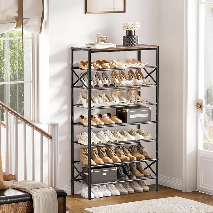 8 Tier Metal Shoe Rack with Wood Top, 24-32 Pairs Rustic Brown | 52in tall maximizes vertical space. 2 iron sheets for heels. Remove a layer for tall boots. Versatile for home.