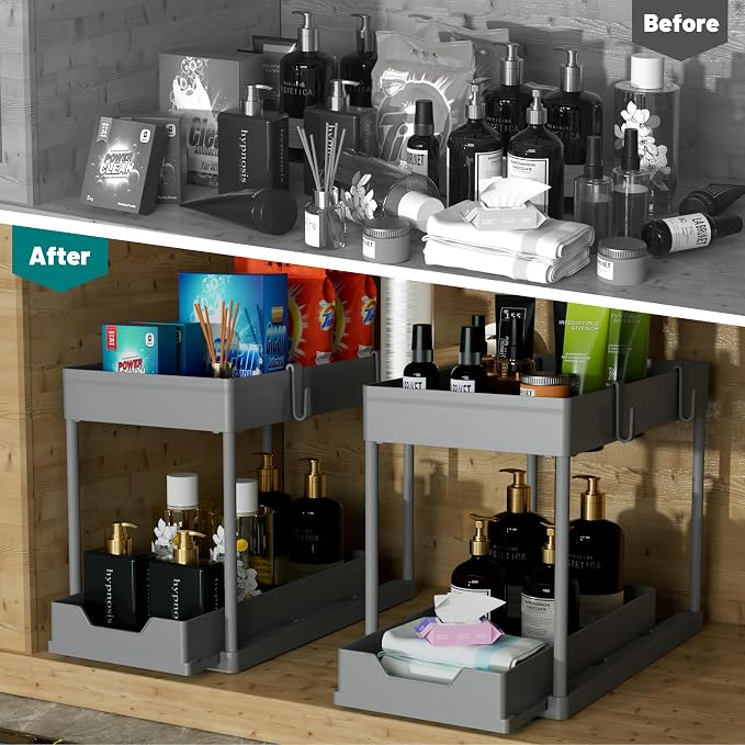 DEKAVA 2 Pack Under Sink Organizer, 2-Tier Sliding Cabinet Basket, Grey