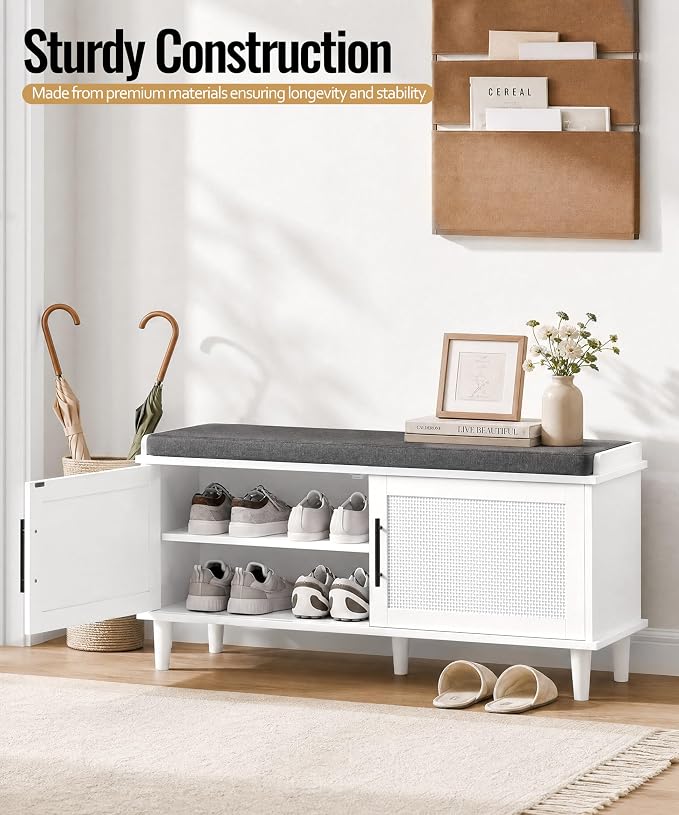 Akxomel 39.4" Rattan Shoe Storage Bench 2 Doors Wooden Entryway Bench White | 2 Tier Shoe Bench with Padded Cushion, Adjustable Shelves and 2 Doors, Solid Wood Legs, for Hallway, Living Room, Bedroom