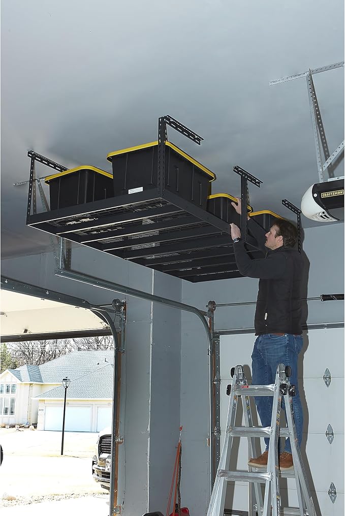 Klutch Overhead Garage Storage Rack, 96in., 96in.L x 48in.D x 23-37in.H | Adjustable drop height, seasonal-item organization, floor-space savings, easy-access shelving, durable steel construction