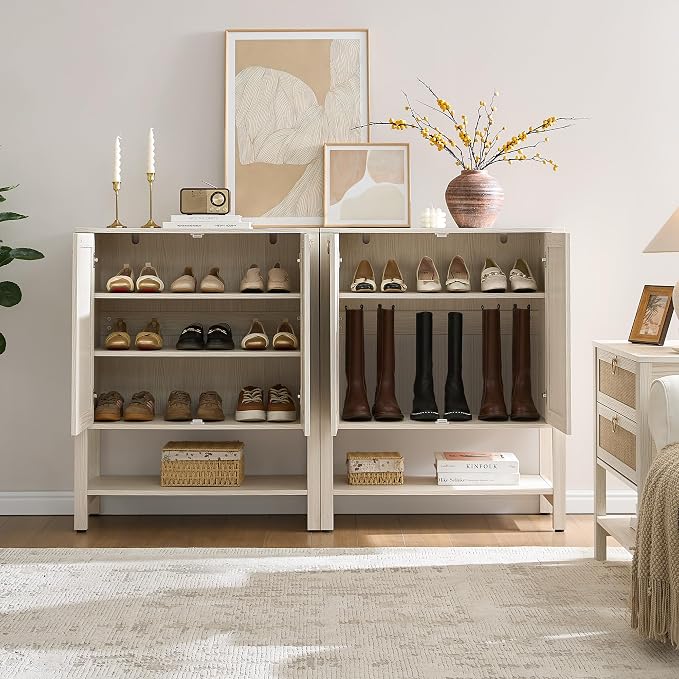 SICOTAS Rattan Shoe Cabinet with Storage, 5 Tier, 3 Pieces | Farmhouse Shoe Organizer with Doors & Shelves, Free Standing Shoe Rack Cabinet for Entryway, Living Room (White Cream Oak)