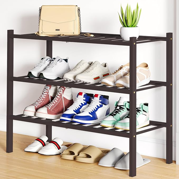 Smiry Bamboo Shoe Rack, 12 Vertical Slats, 3 Tier - 26.8" Wide, Brown | Stackable Free Standing Wooden Shoe Organizer, Wood Shoe Storage Shelf for Closet, Entryway