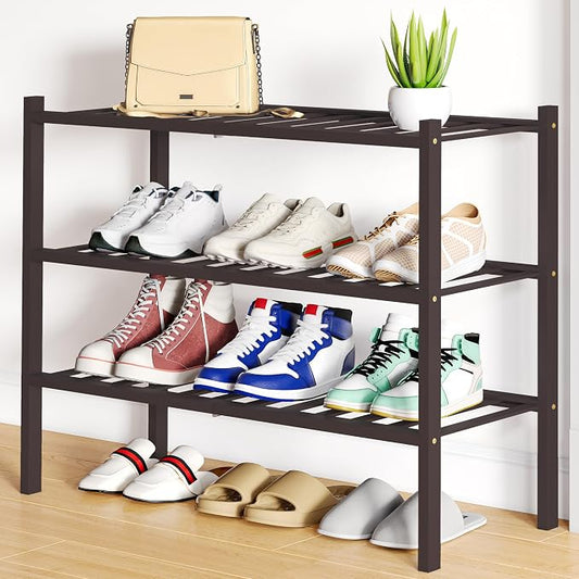 Smiry Bamboo Shoe Rack, 12 Vertical Slats, 3 Tier - 26.8" Wide, Brown | Stackable Free Standing Wooden Shoe Organizer, Wood Shoe Storage Shelf for Closet, Entryway