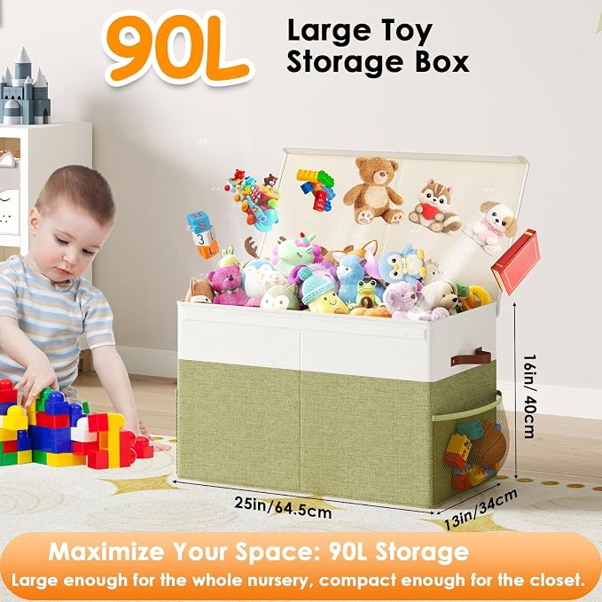 Large Toy Storage Box with Lid, Toy Chest with Divider, Foldable Organizer | PP Board Reinforced Toy Storage Box for Kids, Boys, Girls, Playroom, Nursery and Bedroom for Toys, Stuffed Animals & Blankets
