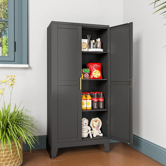 winiowa Metal Pantry Cabinet with 2 Doors and Adjustable Shelves, Kitchen Storage cabinets with Gold Handles, Versatile Storage for Laundry Room,Living Room,Bathroom,Dinning Room-Black