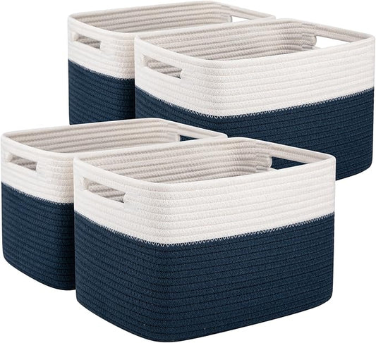 OIAHOMY 4 Pack Storage Basket, 13"x9"x7.8" Cotton Rope Baskets for Shelves, Closet Organizer for Bedroom & Living Room, Soft Decorative Bins for Organizing Towels, Books & Toys, Blue & White