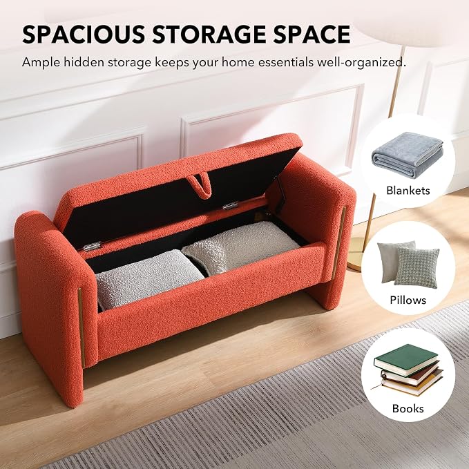 52" Flip-Top Storage Ottoman Bench, Teddy Entryway Bench (Orange) | Teddy Fleece Upholstered End of Bed Bench with Armrests, Soft Padded Window Bench for Living Room Bedroom Entryway