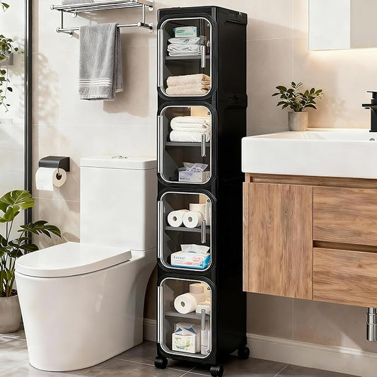 4-Tier Tall Narrow Slim Bathroom Storage Cabinet, Black | Tool Free Assembly, Adjustable Shelves, Fits for Narrow Spaces, Reinforced Stability, Magnetic Clear Door