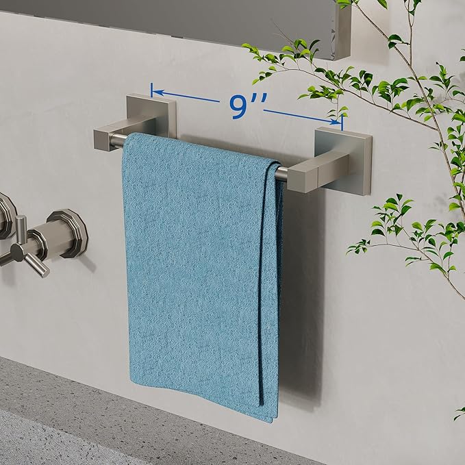 RUACQ Towel Bar, 9" Towel Racks for Bathroom Wall Mounted, Brushed Nickel | Hand Towel Holder, Total Length 10.8 Inch Single Towel Rod, 304 Stainless Steel, Rustproof, Square Base, Heavy Duty, Modern
