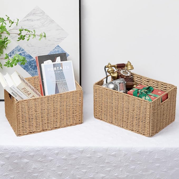 Vagusicc Wicker Storage Basket, Set of 2 Hand-Woven Paper Rope Wicker Basket, Small Storage Baskets for Organizing Toilet Paper Basket, Foldable Large Cube Storage Organizer Bins for Shelves (Natural)