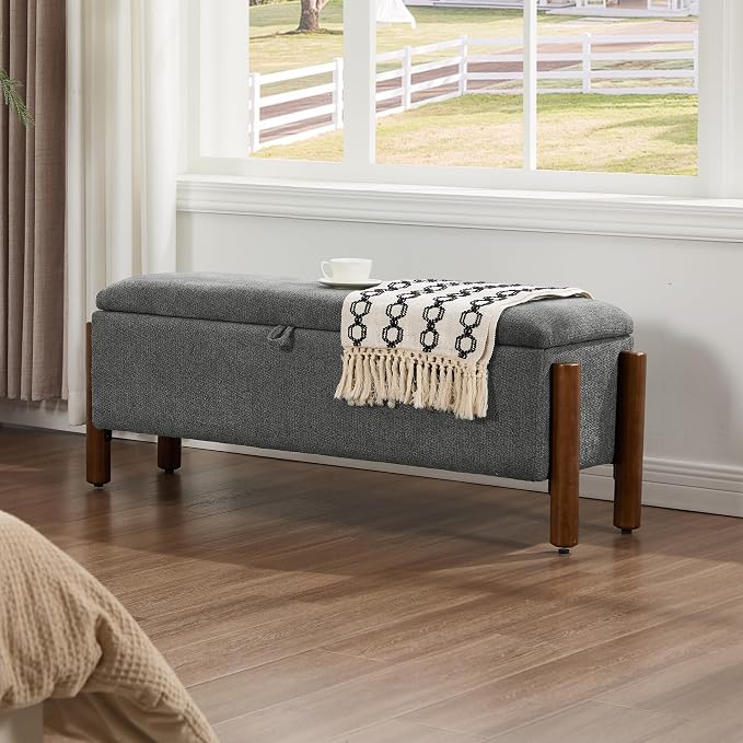 47'' Modern Storage Ottoman Benches with Walnut Wood Legs Ottoman Bench with 22 Gallons Storage Space Fabric Upholstered Seating End of Bed Bench for Bedroom for Livingroom Darkgrey