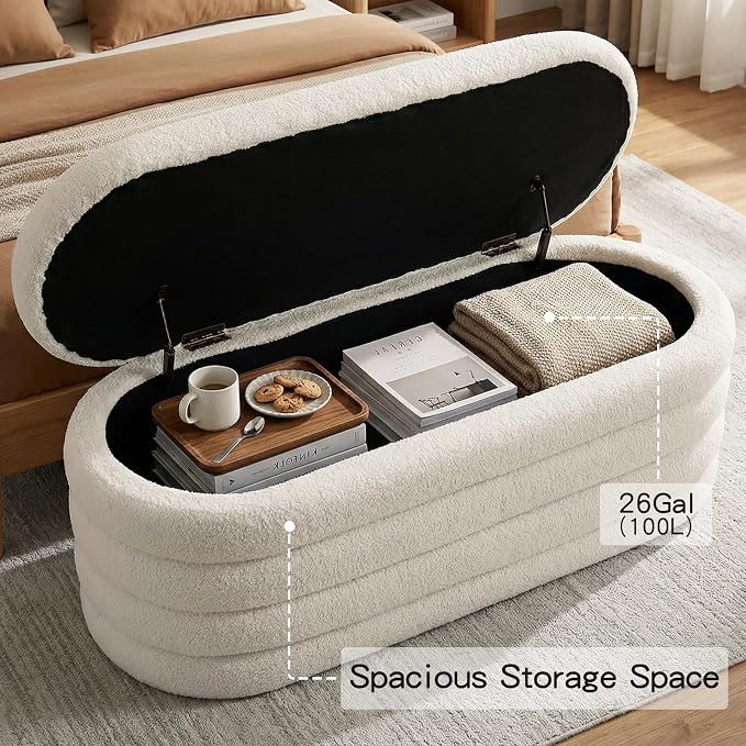 Furniliving Storage Ottoman Bench, 45'' Upholstered Boucle Ottoman with Storage, Aesthetic Bedroom Bench for Living Room Entryway, Beige
