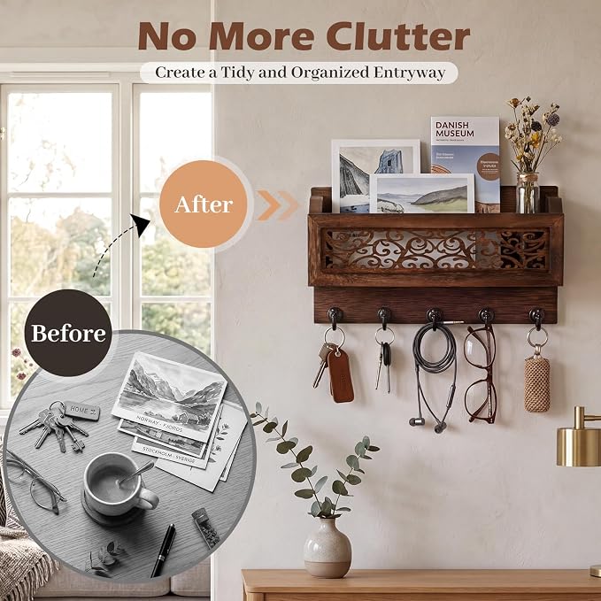 Novabright Mail and Key Holder for Wall Decorative Wall-Mounted Carved Wooden Mail Organizer with 5 Sturdy Key Hooks Rustic Home Decor for Entryway Hallway Office Farmhouse