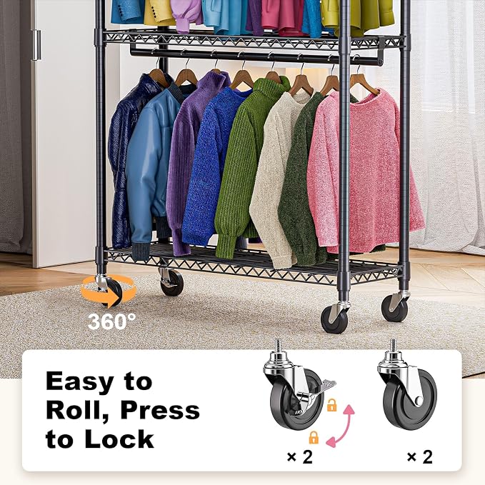 M MZG Heavy Duty Rolling Garment Rack 3 Tiers Adjustable Wire Shelving Clothes Rack with 2 Rods and Side Hooks,Storage Closet Clothing Rack with Wheels Black 15.7" D x 45.3" W x 79.6" H