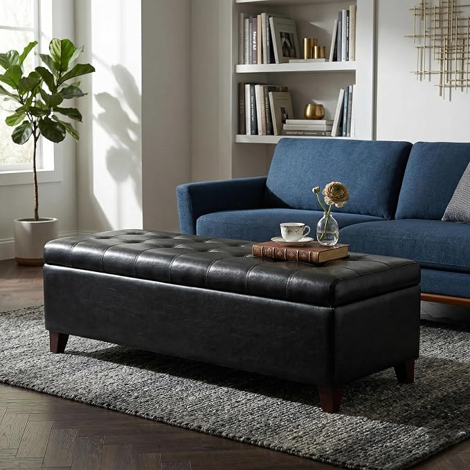 Black Ottoman with Storage Faux Leather Storage Ottoman Bench | 51 Inch Upholstered End of Bed Ottomans with Hinged Lid, Rectangle Long Foot Rest Bench for Entryway Living Room Bedroom