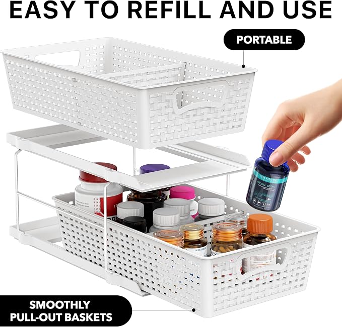 Simple Houseware 2 Tier Pull-Out Sliding Drawer Under Sink Storage, White | Great for Kitchen Bathroom Tray Shelf Organizer