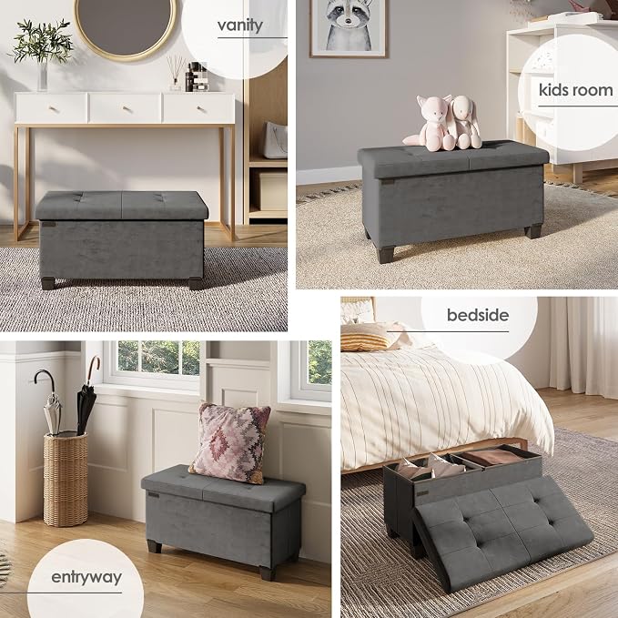 Storage Ottoman Bench with Bins, 30-in Storage Bench for Bedroom End of Bed, Folding Foot Rest Ottoman for Living Room Max 660lbs, Velvet Ottomans, Grey