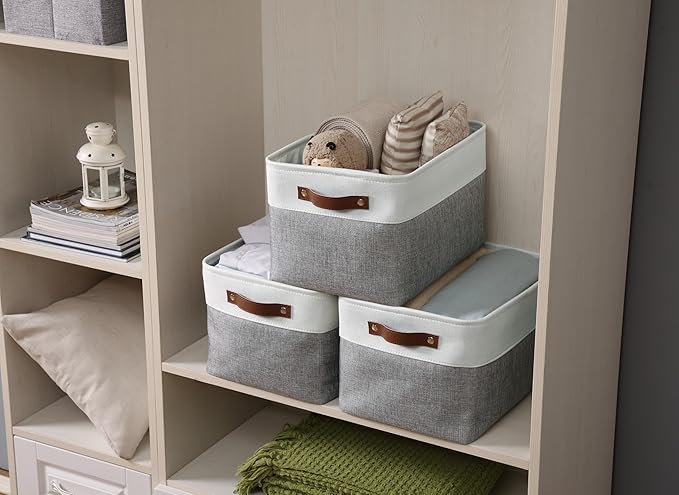 DECOMOMO Storage Bins, Extra Large Fabric Storage Baskets for Shelves 4Pack | 15.8 x 12.5 x 10 inches Decorative Linen Closet Organizers (Grey & White)