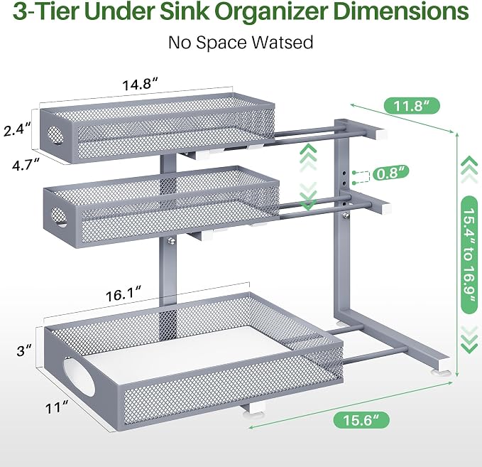 Kitstorack Under Sink Organizer 3-Tier Slide Out Drawer 1-Pack Grey | Height Adjustable, Metal Mesh Storage Rack, Pull out Cabinet Organizer Shelf for Bathroom Kitchen Pantry Home Organization