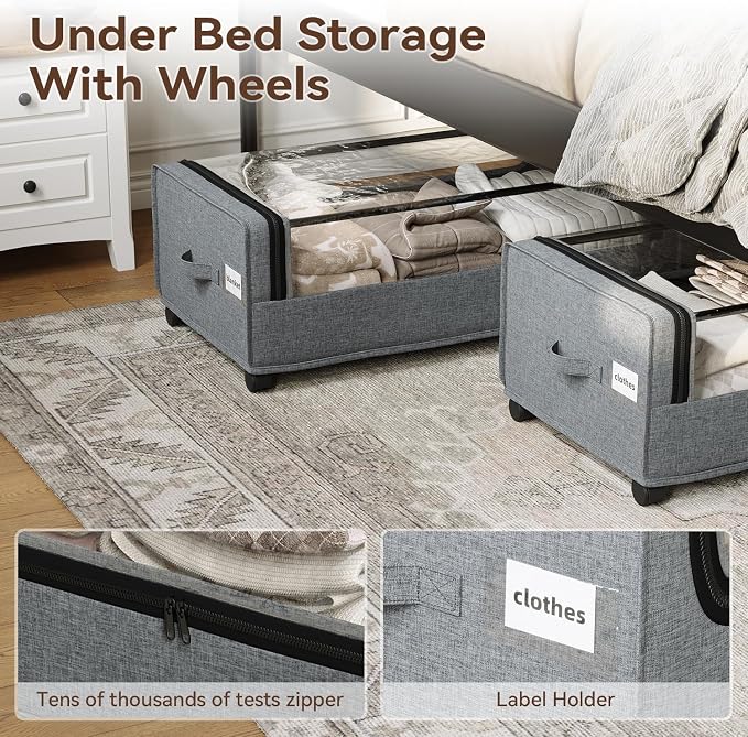 Under Bed Storage, 4-Packs Under Bed Storage With Wheels, Under bed Shoe Storage, Metal Frame, 90L Capacity, Storage Drawers for Bedroom
