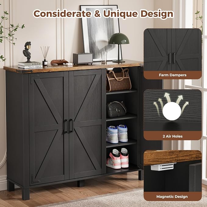 ALLSTAND 5-Tier Shoe Storage Cabinet, Farmhouse Shoe Rack Organizer Cabinet with 4 Adjustable Shelves & Side Cabinets, Freestanding Shoe Cabinet Storage with Anti-tip Fitting for Entryway, Black