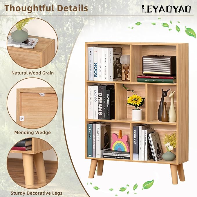 LEYAOYAO Cube Book Shelf, Mid-Century Modern Bookshelf with Legs, Natural | 3 Tier Bookcase, Rustic Wood Bookshelves Freestanding Small Storage Organizer, Open Shelves for Bedroom, Living Room, Office