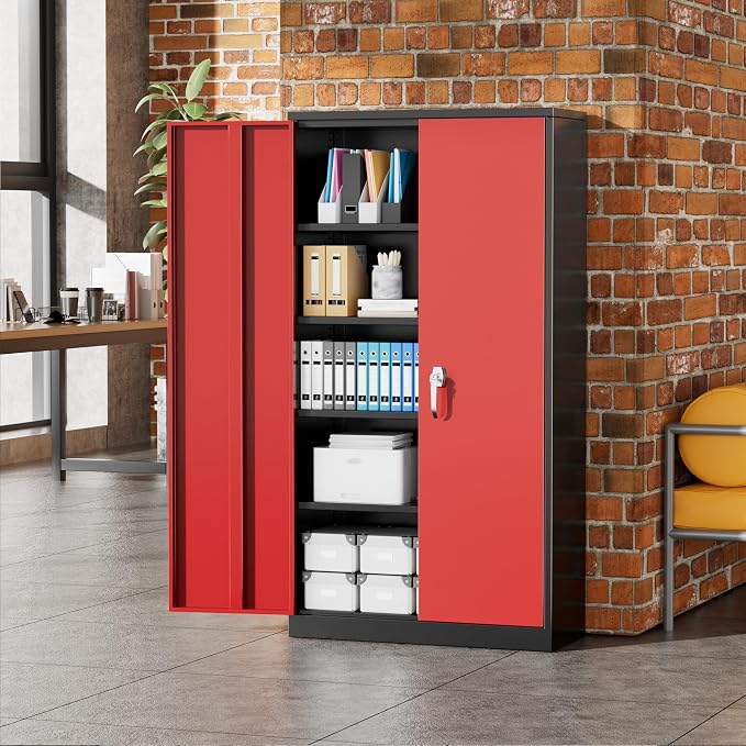Greenvelly Metal Garage Storage Cabinet, 72" Black Red Tool Steel Locking Cabinet with Doors and 4 Shelves, Tall Cabinets for Garage Storage Systems Lockable File Cabinet for Home Office,Garage