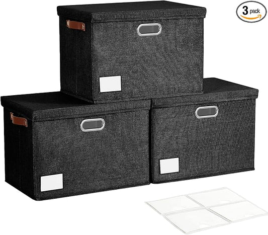 Roobyl 17" Large Collapsible Storage Bins with Lids, Stackable Closet Organizers with PU Handle and Labels, 3-Pack Decorative Fabric Storage Boxes for Home, Bedroom, Closet, Office, Nursery(Black)
