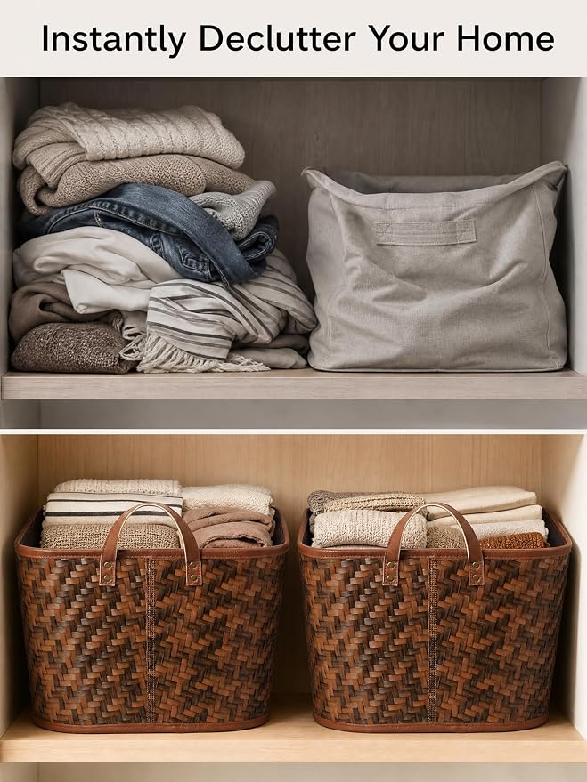 BROWNLILY Oversized Storage Baskets Laundry Hampers with Structured Frame & Supported Bottom, Extra Large Closet Bins for Shelves Blankets Car Bedroom Bathroom Organizers (Pack of 4, Brown)