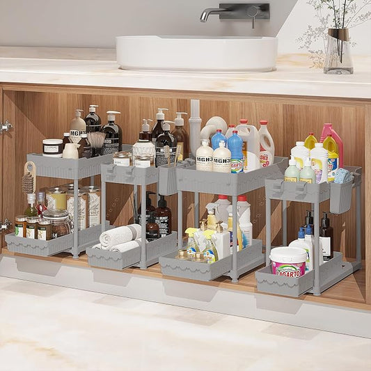 Sevenblue 4-Pack 2-Tier Under Sink Organizer with Pull Out Drawers | Multi-use kitchen & bathroom storage. Includes hanging hooks and cups. Gray, space-saving cabinet design. 12.8 Inch