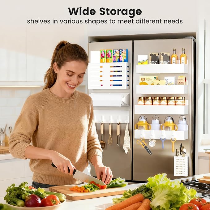 Magnetic Spice Rack for Refrigerator,8 Pack Magnetic Shelf,Fridge Magnet Organizer with Paper Towel Holder,Utensils Racks,Hook Rack,Deepened Basket,Fridge Organizers and Storage White(8 Pack)