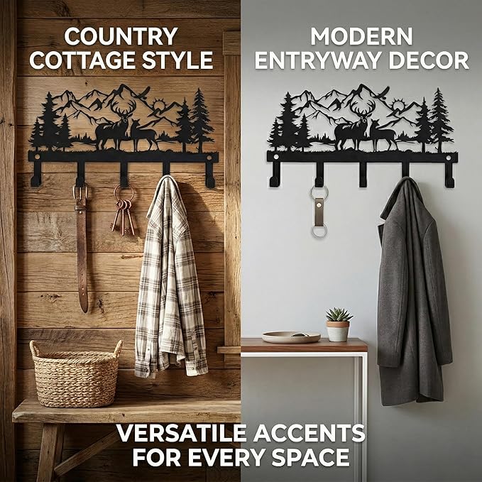 Deer Mountain Metal Key Holder Wall Mount Key Holder for Wall Rustic Cabin Decor Key Rack Hooks Hanger Woodland Wildlife Wall Art Entryway Organizer Housewarming Hunting Gifts