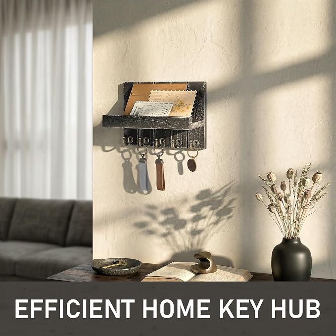 Rebee Vision Key Holder Wall Mount with Shelf for Living Room, Old Black | 3.54'' x 10'' x 7.28'', Farmhouse Key Holder for Wall, Solid Pine Wood, Sunglass Organizer, Entryway Storage, Compact Design