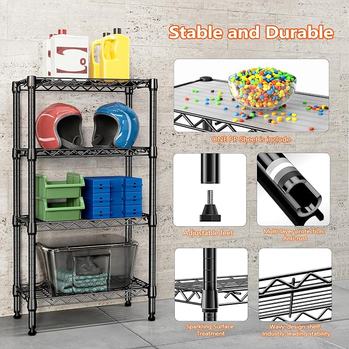 M MZG 1000 lbs 4 Tier Shelf Metal Storage Shelves Wire Rack Closet Organizers with PP Board for Garage Kitchen Bathroom Laundry Black 11.8" D x 21.7" W x 39.5" H