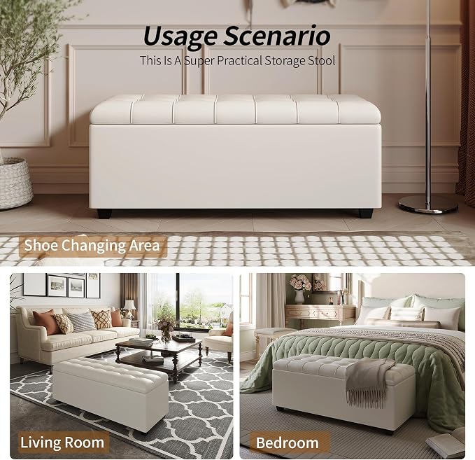 38" White Faux Leather Storage Ottoman Footrest Bench | Solid wood frame bench, 4-leg easy assembly. Use as end-of-bed, footrest, entryway seat. Hinged hidden storage, multi-use.