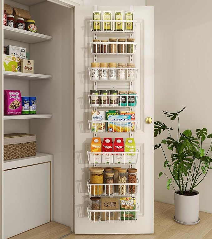 Mefirt White 12 Inch Wide Narrow Over The Door Pantry Organizer | Pantry Hanging Organizers and Storage, Adjustable Heavy-Duty Metal for Home & Kitchen, Back of Door Seasoning Rack
