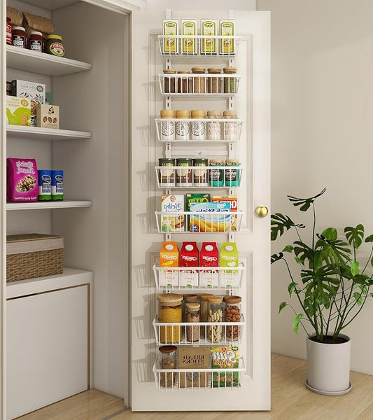 Mefirt White 12 Inch Wide Narrow Over The Door Pantry Organizer | Pantry Hanging Organizers and Storage, Adjustable Heavy-Duty Metal for Home & Kitchen, Back of Door Seasoning Rack