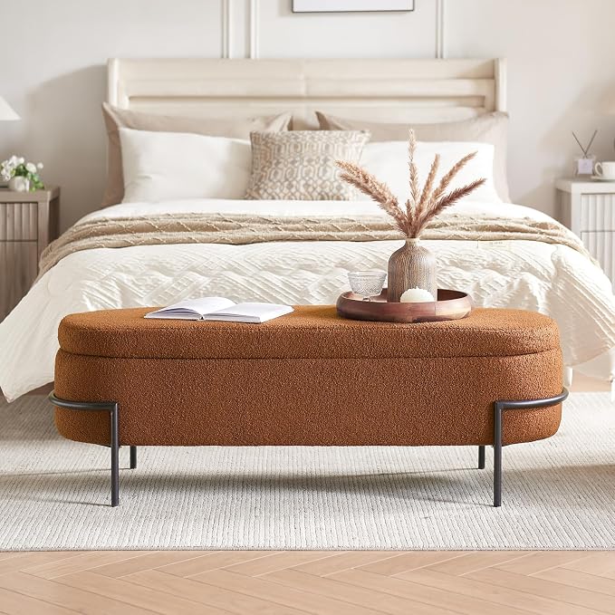 FiveWillowise 52 Inch Sherpa Storage Ottoman Bench,End of Bed Bench | Upholstered Boucle Storage Bench with Storage,Metal Stand and Hinges,Oval Ottomans for Living Room,Bedroom,Brown