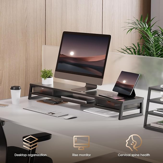 Fenge Dual Monitor Stand Riser, 42.5in Desk Shelf with 2 Drawers, Black | 2-Tier Monitor Shelf for Desk, Storage Drawer with Stopper, Frosted, fit Home Office, Ultrawide Screen, PC, Laptop, TV