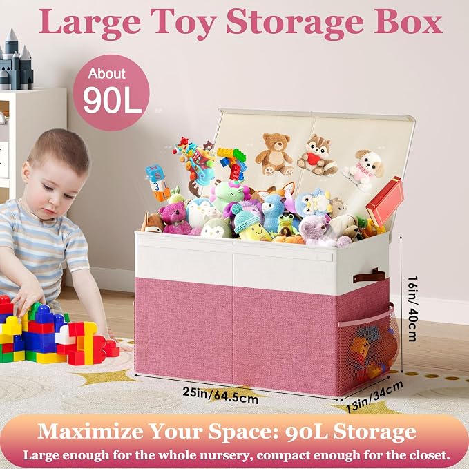 Large Toy Storage Box with Lid Upgraded Toy Storage Chest Organizer with Divider Foldable Toy Bin for Kids Boys Girls Playroom Nursery Bedroom (25"x13"x16")