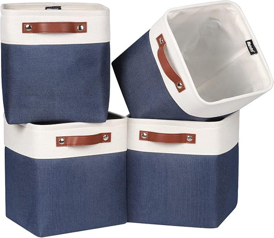 Univivi Fabric Cube Bins Set of 4 Storage Baskets with PU Handles for Home Closet Foldable Storage Bins (Blue, 10.5" x 10.5" x 11") | Hard Cardboard Bottom,Metal Frame,Foldable,PU Handles,Linen Closet Baskets for Shelves