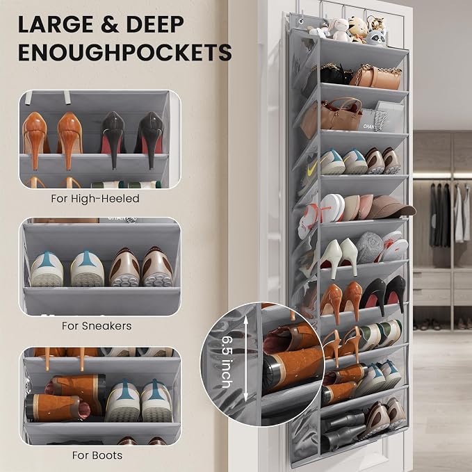 Mefirt 20-25 Pairs Over the Door Shoe Organizer, Clear Pockets Shoe Rack for Closet Door, 10-Tier Hanging Shoe Rack for Boots, Behind the Door Shoe Holder Fit All the Family's Sneakers, Heels, Grey