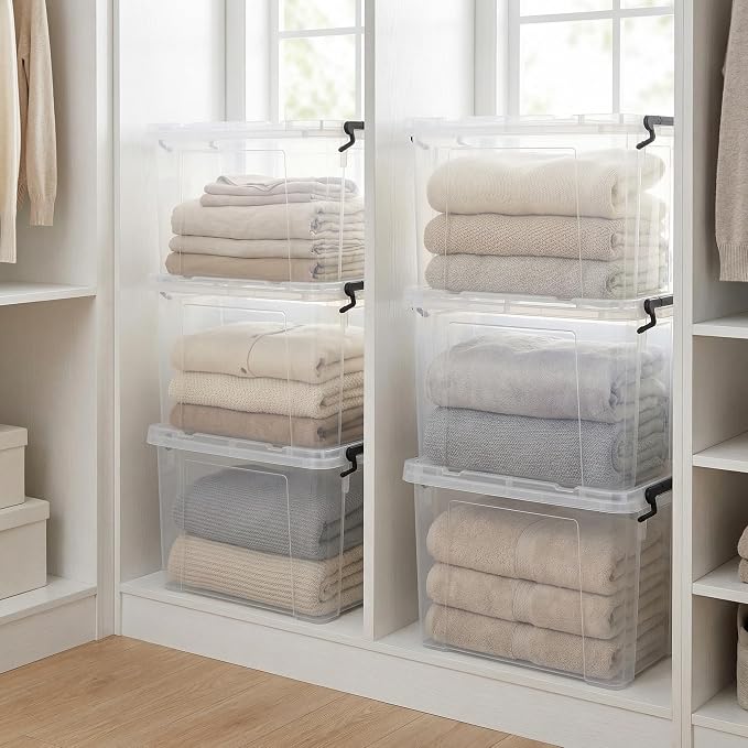 4 Pack 120 QT Plastic Storage Bins with Lids | Clear Stackable Bins with Secure Latches and Handles Heavy-Duty Storage Containers For Home Office and Garage Organization