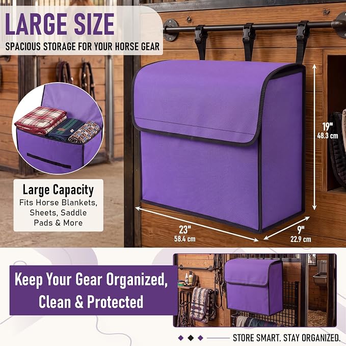 Horse Blanket Storage Bag for Fly Sheets,Purple,23 x 19 x 9 in | 600D Waterproof Oxford Tack Organizer, Heavy Duty Hanging Horse Blanket Holder, Stall Front Storage Bag for Horse Blankets