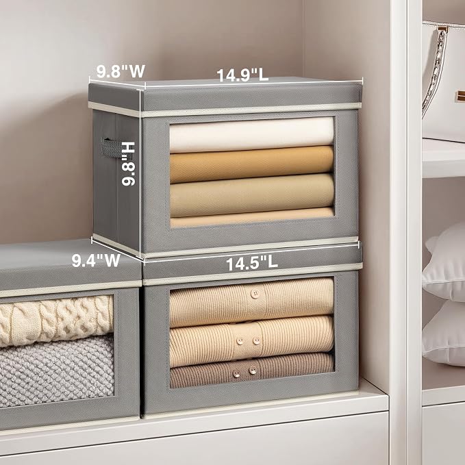Homsorout Storage Bins, Storage Baskets for Shelves with Window, Fabric Storage Bins with Handle, Foldable Storage Cubes Boxes for Organizing for Clothes, Towels, Books, 3 Pack, Grey