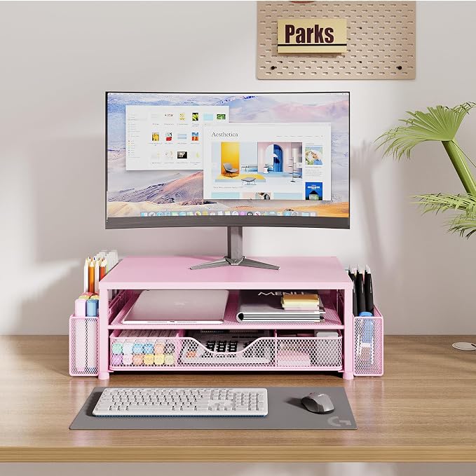 OPNICE Desk Organizer and Accessories, 2-Tier Computer Monitor Stand Riser with Drawer and 2 Pen Holders, Laptop Stand, Office Desk Accessories for Office Supplies, 1 Pack, Pink