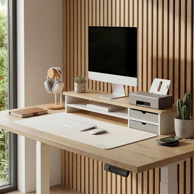 Fenge Monitor Stand, Desk Computer Riser with Frosted Storage Drawer, Oak | 42.5 Inch Dual Monitor Riser, 2 Tiers, Cable Management, Desk Shelf for 2 Monitors, Ultrawide Screen, Laptop, TV, Home Office