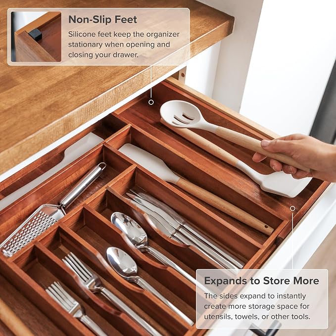 KitchenEdge Silverware & Utensil Drawer Organizer, 14.5-25 in, Acacia | Cutlery, flatware, food-safe contract grade, kitchen drawer fit