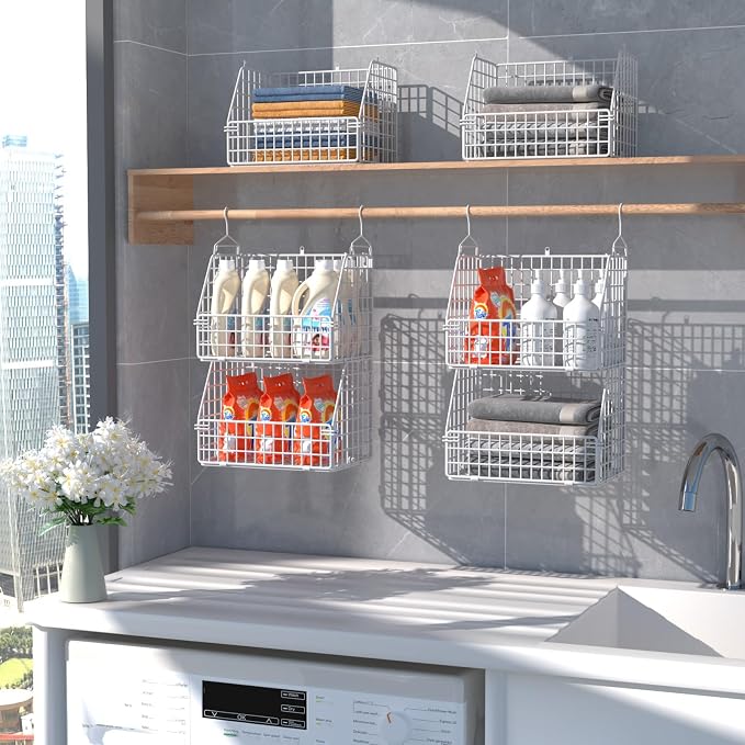 PUPPYCUTE Hanging Closet Organizer and Storage, Clothes Hanging Shelves Wire Baskets for Clothing Sweaters Purse Handbags Shoes White 5 Tier
