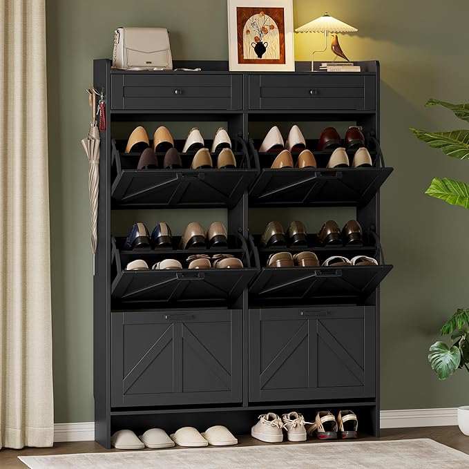 BORNOON Shoe Cabinet for Entryway, Farmhouse Shoe Storage Cabinet with 6 Flip Drawers and 2 Top Drawers, Tall Narrow Shoe Organizer Cabinet with Adjustable Shelves, Side Hooks and Anti-Tip Kit